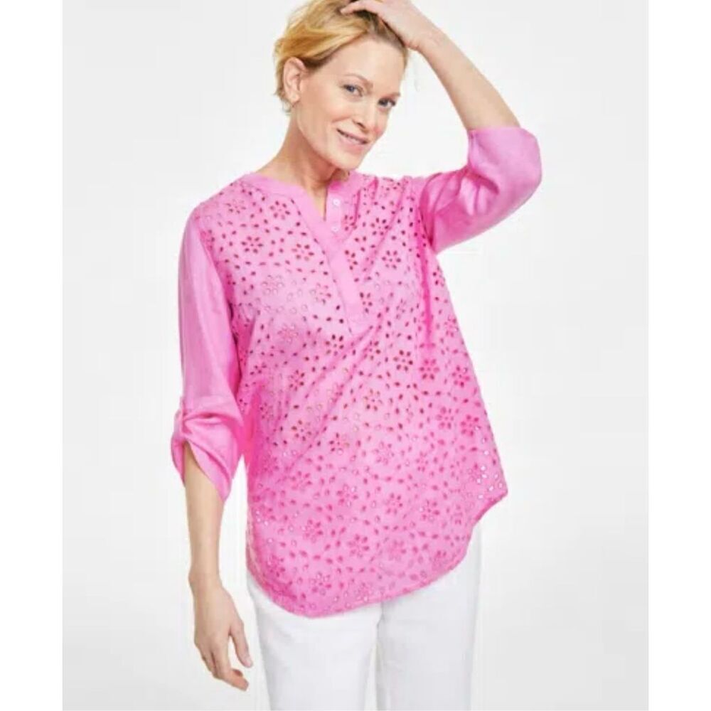 🌸 Linen Charter Club Pink Eyelet Button Front Top Size Small New